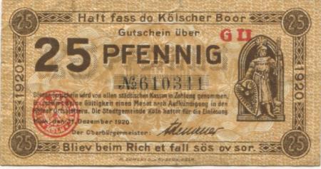 Köln - Stadt - 31.12.1920 - 25 Pfennig 