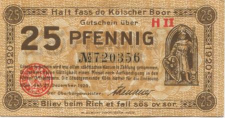 Köln - Stadt - 31.12.1920 - 25 Pfennig 