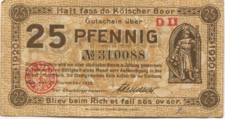 Köln - Stadt - 31.12.1920 - 25 Pfennig 