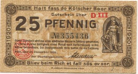 Köln - Stadt - 31.12.1920 - 25 Pfennig 