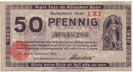 Köln - Stadt - 31.12.1920 - 50 Pfennig 