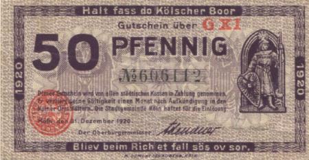 Köln - Stadt - 31.12.1920 - 50 Pfennig 