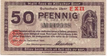 Köln - Stadt - 31.12.1920 - 50 Pfennig 