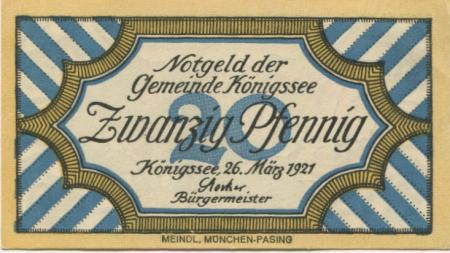 Königssee (heute: Schönau) - Gemeinde - 26.3.1921 - 20 Pfennig 