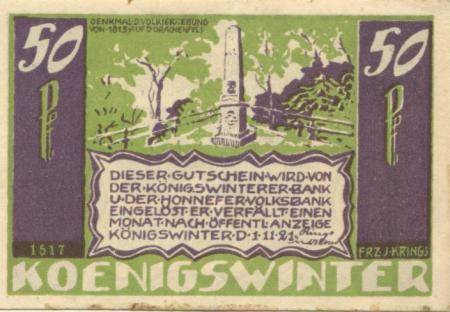 Königswinter - Königswinterer Bank und Honnefer Volksbank - 1.11.1921 - 50 Pfennig 