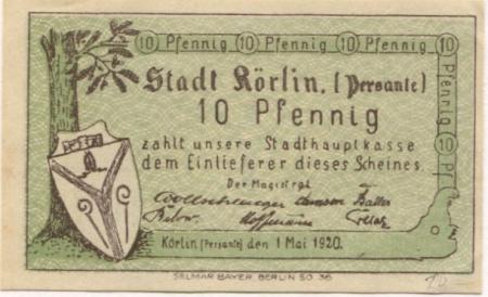 Körlin (heute: PL-Karlino) - Stadt - 1.5.1920 - 10 Pfennig 