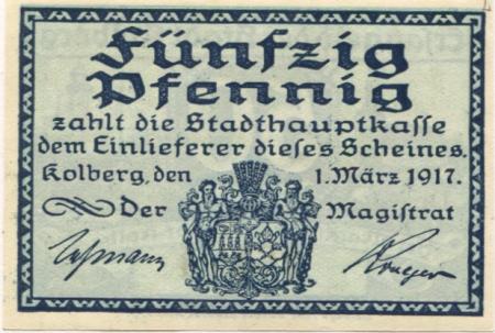 Kolberg (heute: PL-Kolobrzeg) - Stadt - 1.3.1917 - 50 Pfennig 