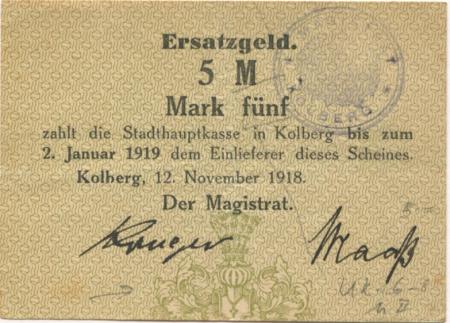 Kolberg (heute: PL-Kolobrzeg) - Stadt - 12.11.1918 - 2.1.1919 - 5 Mark 