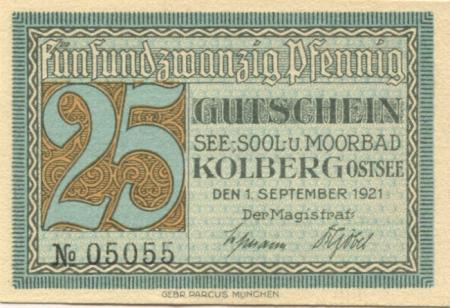Kolberg (heute: PL-Kolobrzeg) - Stadt - 1.9.1921 - 25 Pfennig 