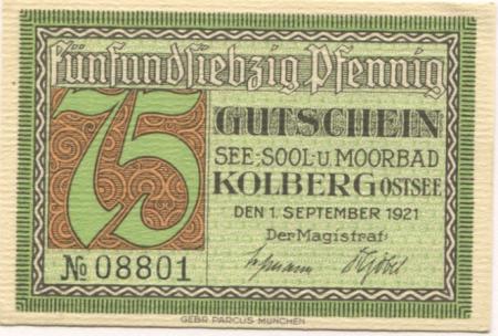 Kolberg (heute: PL-Kolobrzeg) - Stadt - 1.9.1921 - 75 Pfennig 