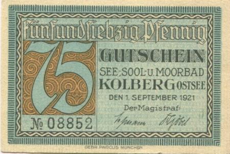 Kolberg (heute: PL-Kolobrzeg) - Stadt - 1.9.1921 - 75 Pfennig 