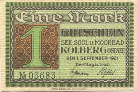 Kolberg (heute: PL-Kolobrzeg) - Stadt - 1.9.1921 - 1 Mark 