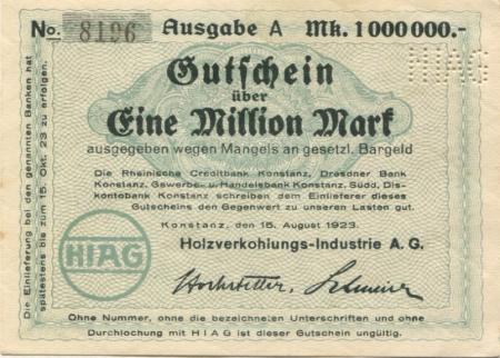 Konstanz - Holzverkohlungs-Industrie AG - 15.8.1923 - 15.10.1923 - 1 Million Mark 