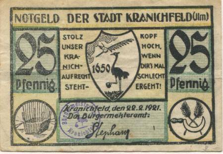 Kranichfeld - Stadt - 22.2.1921 - 25 Pfennig 