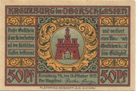 Kreuzburg (heute: PL-Kluczbork) - Stadt - 18.10.1921 - 50 Pfennig 