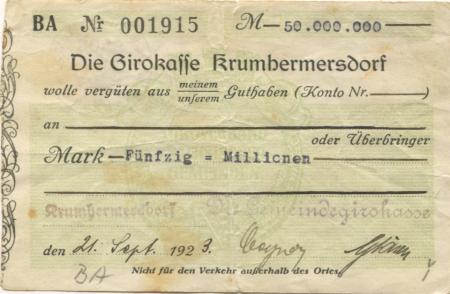 Krumhermersdorf (heute: Zschopau) - Gemeindegirokasse - 21.9.1923 - 50 Millionen Mark 