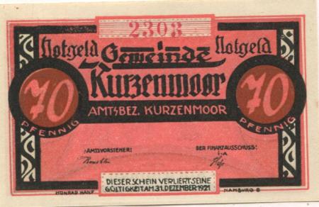 Kurzenmoor (heute: Seester) - Gemeinde - - 31.12.1921 - 70 Pfennig 