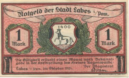 Labes (heute: PL-Lobez) - Stadt - Oktober 1921 - 1 Mark 