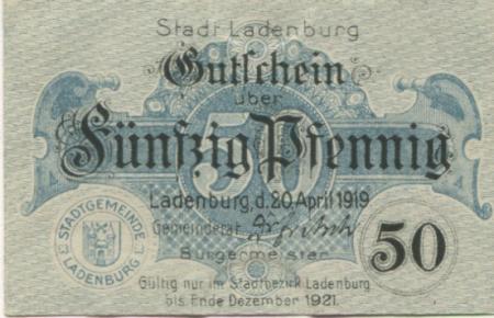 Ladenburg - Stadt - 20.4.1919 - Ende Dezember 1921 - 50 Pfennig 