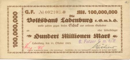 Ladenburg - Fetzer, G., GmbH - 11.10.1923 - 100 Millionen Mark 