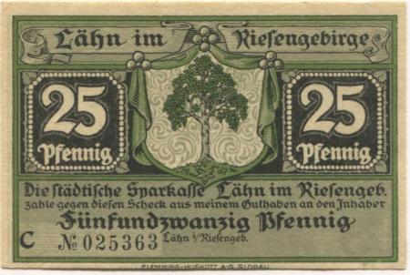Lähn (heute: PL-Wlen) - Städtische Sparkasse - -- - 25 Pfennig 