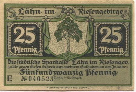 Lähn (heute: PL-Wlen) - Städtische Sparkasse - -- - 25 Pfennig 