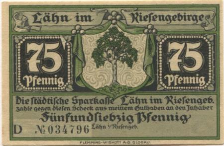 Lähn (heute: PL-Wlen) - Städtische Sparkasse - -- - 75 Pfennig 