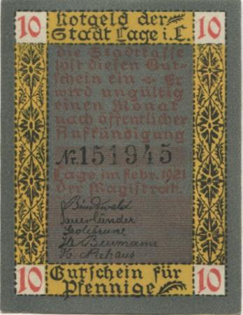 Lage - Stadt - Februar 1921 - 10 Pfennig 