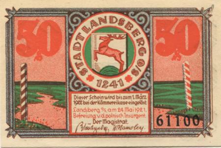 Landsberg (heute: PL-Gorzów Slaski) - Stadt - 24.5. 1921 - 1.3.1922 - 50 Pfennig 