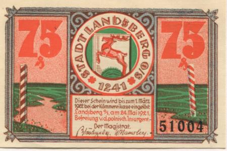 Landsberg (heute: PL-Gorzów Slaski) - Stadt - 24.5. 1921 - 1.3.1922 - 75 Pfennig 