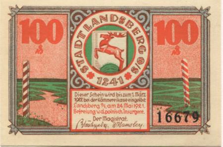 Landsberg (heute: PL-Gorzów Slaski) - Stadt - 24.5. 1921 - 1.3.1922 - 100 Pfennig 
