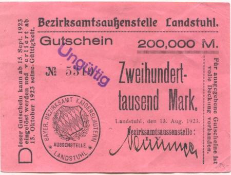 Landstuhl - Bayerisches Bezirksamt Kaiserslautern, Außenstelle Landstuhl - 13.8.1923 - 15.10.1923 - 200000 Mark 