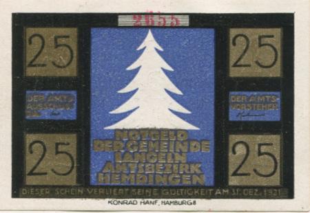 Langeln - Gemeinde - - 31.12.1921 - 25 Pfennig 