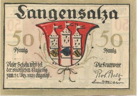 Langensalza (Bad) - Freiwillige Turner-Feuerwehr - - 1.12.1921 - 50 Pfennig 