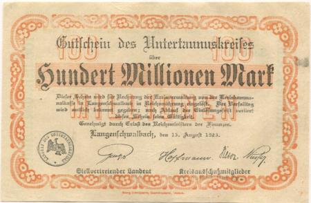 Langenschwalbach (heute: Schwalbach (Bad)) - Untertaunus-Kreis - 15.8.1923 - 100 Millionen Mark 