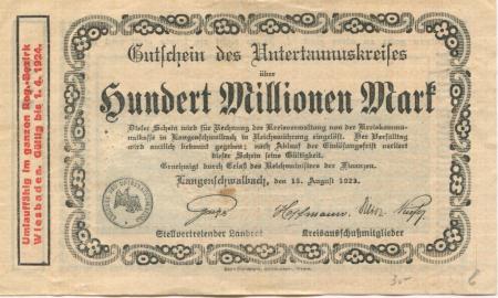 Langenschwalbach (heute: Schwalbach (Bad)) - Untertaunus-Kreis - 15.8.1923 - 1.4.1924 - 100 Millionen Mark 