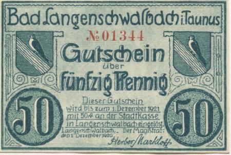 Langenschwalbach (heute: Schwalbach (Bad)) - Stadt - 1.12.1920 - 1.12.1921 - 50 Pfennig 