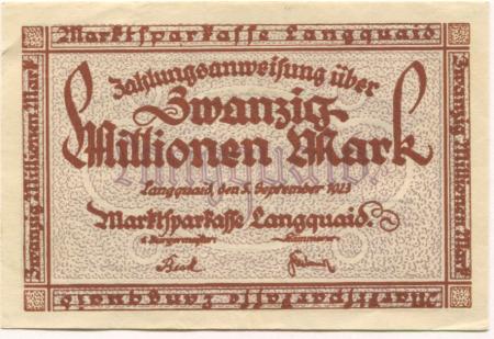 Langquaid - Marktsparkasse - 5.9.1923 - 20 Millionen Mark 