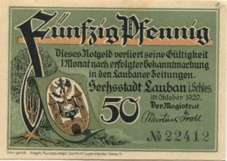 Lauban - (heute:-PL-Luban) - Stadt - Oktober 1920 - 50 Pfennig 