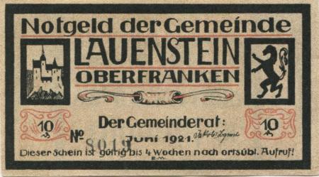 Lauenstein (heute: Ludwigsstadt) - Gemeinde - Juni 1921 - 10 Pfennig 
