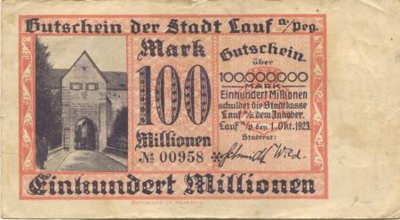 Lauf - Stadt - 1.10.1923 - 100 Millionen Mark 