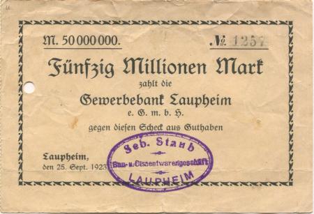 Laupheim - Staub, Sebastian, Bau- und Cementwarengeschäft - 25.9.1923 - 50 Millionen Mark 