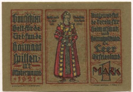 Leer -Verein für Heimatschutz und Heimatgeschichte eV - Oktober 1921 - 1 Mark 
