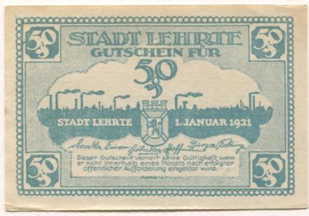 Lehrte - Stadt - 1.11.1921 - 50 Pfennig 