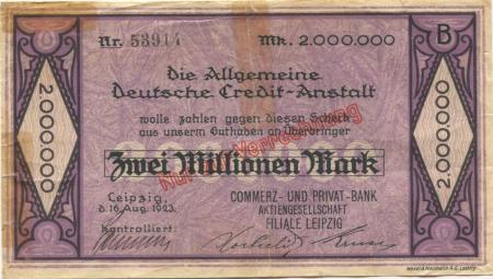 Leipzig - Commerz- und Privat-Bank AG, Filiale Leipzig - 16.8.1923 - 2 Millionen Mark 