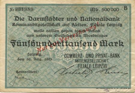 Leipzig - Commerz- und Privat-Bank AG, Filiale Leipzig - 20.8.1923 - 500000 Mark 