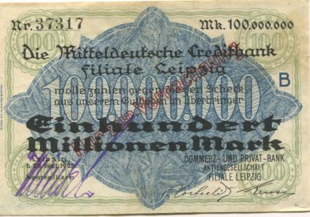 Leipzig - Commerz- und Privat-Bank AG, Filiale Leipzig - 20.9.1923 - 100 Millionen Mark 