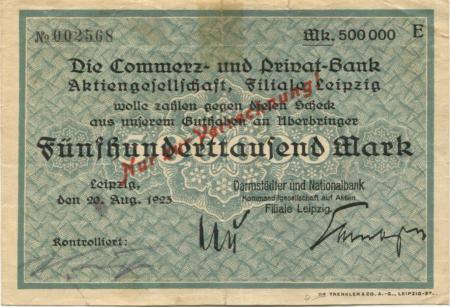 Leipzig - Darmstädter und Nationalbank KaA, Filiale Leipzig - 20.8.1923 - 500000 Mark 