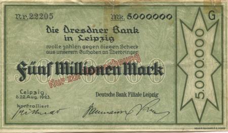 Notgeld R Bodenschatz Leipzig Deutsche Bank Filiale Leipzig 22 8 1923 5 Millionen Mark Shop
