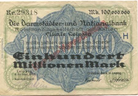 Leipzig - Dresdner Bank - 20.9.1923 - 100 Millionen Mark 